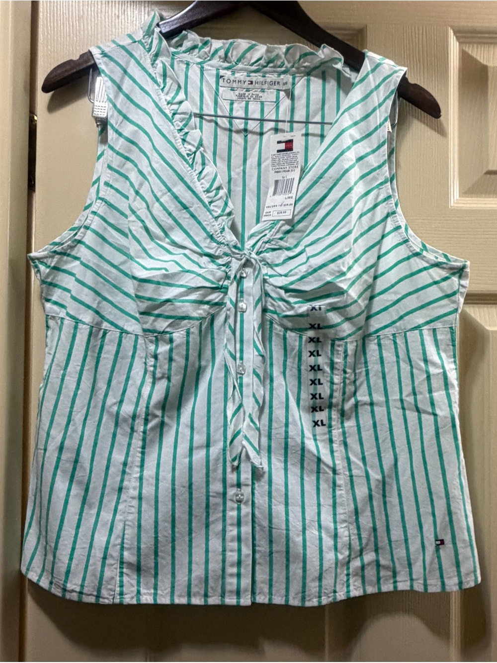 Tommy Hilfiger Women’s XL Green White Striped Sleeveless Blouse NWT Y2K
